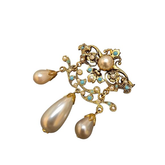 Antique Possible French Gilt Elaborate Glass Pearl Dangle Brooch Trombone Clasp - Picture 3 of 7